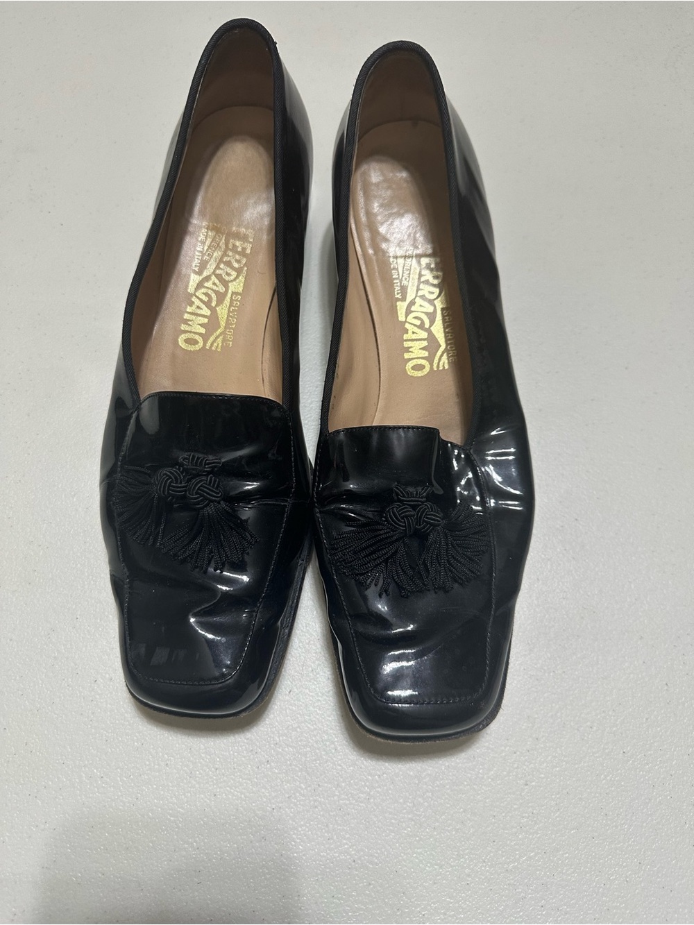 Salvatore Ferragamo Black Patent Leather Tassel Loafers